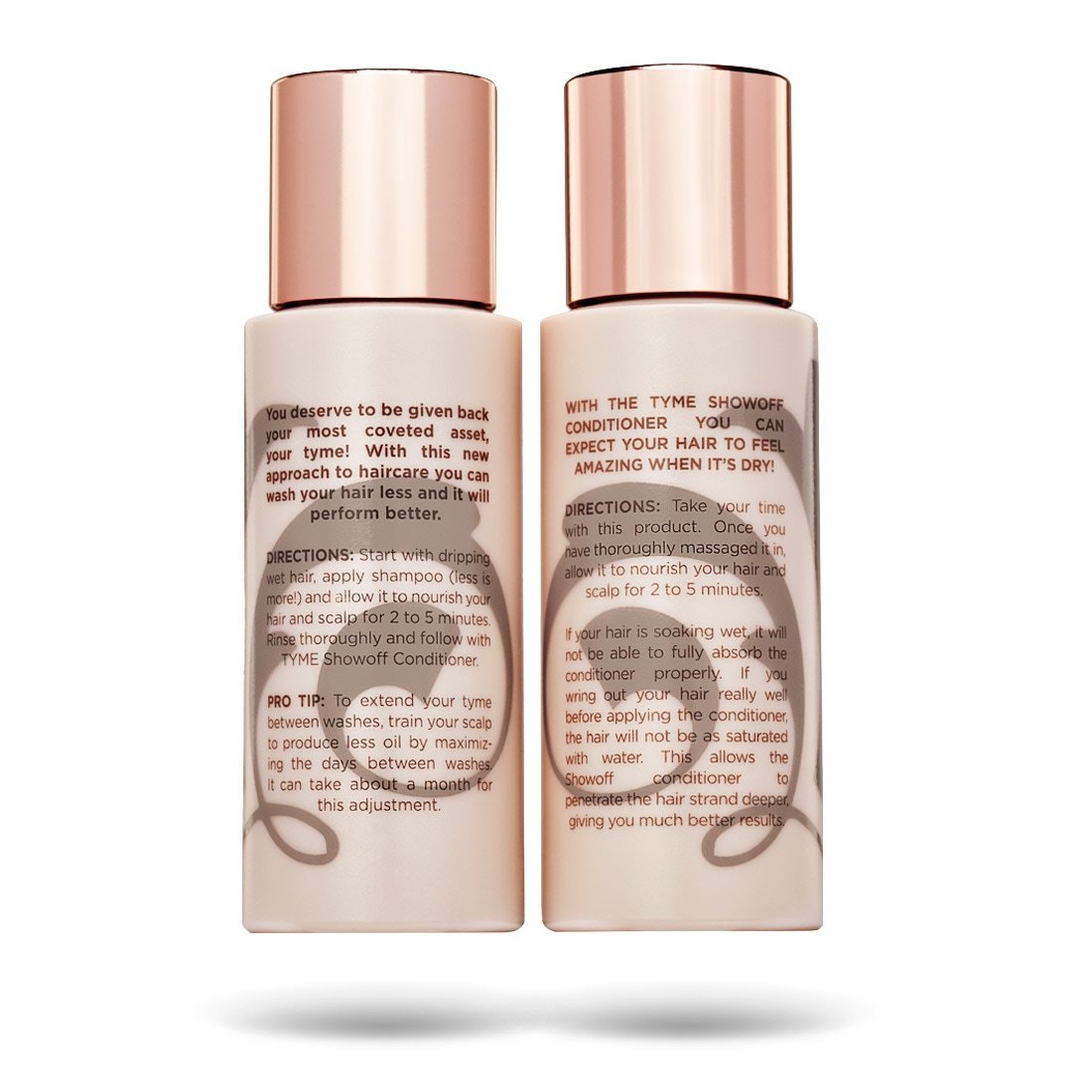 Travel size 2 oz TYME Pregame Shampoo and Showoff Conditioner back view