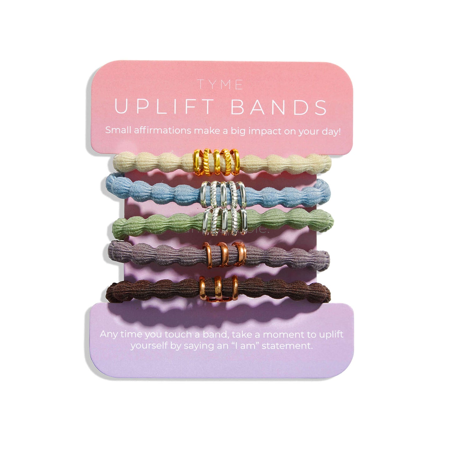 five uplift bands and pain free hair ties in muted earth tones