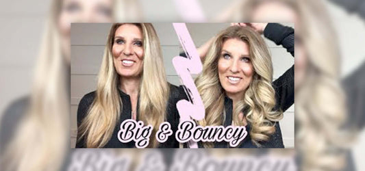 side by side images of lady showing how you can go from straight hair to large bouncy curls