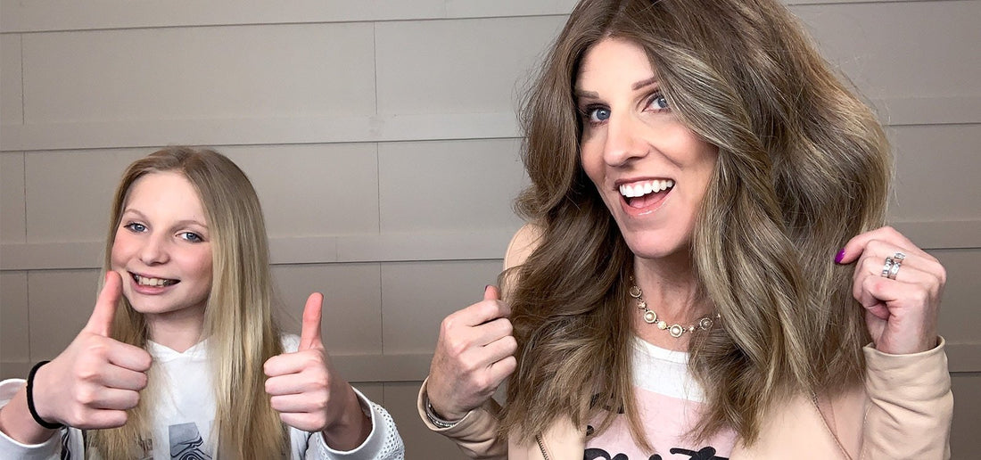 Jacynda with TYME curls, Ariya with straight hair and thumbs up 