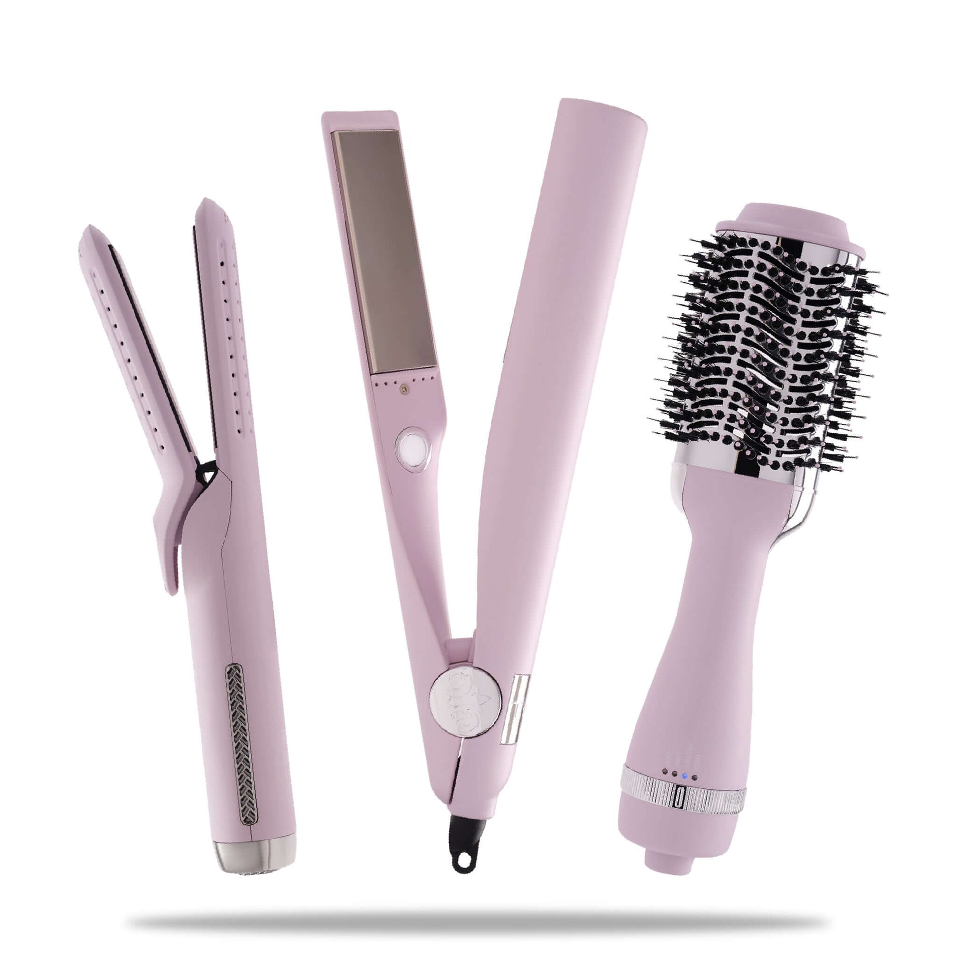 tyme limited edition aura heat tool kit. new lavender tyme iron pro, tyme iron air, and vented blowbrush with r