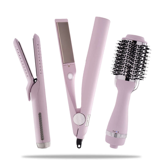 tyme limited edition aura heat tool kit. new lavender tyme iron pro, tyme iron air, and vented blowbrush with r