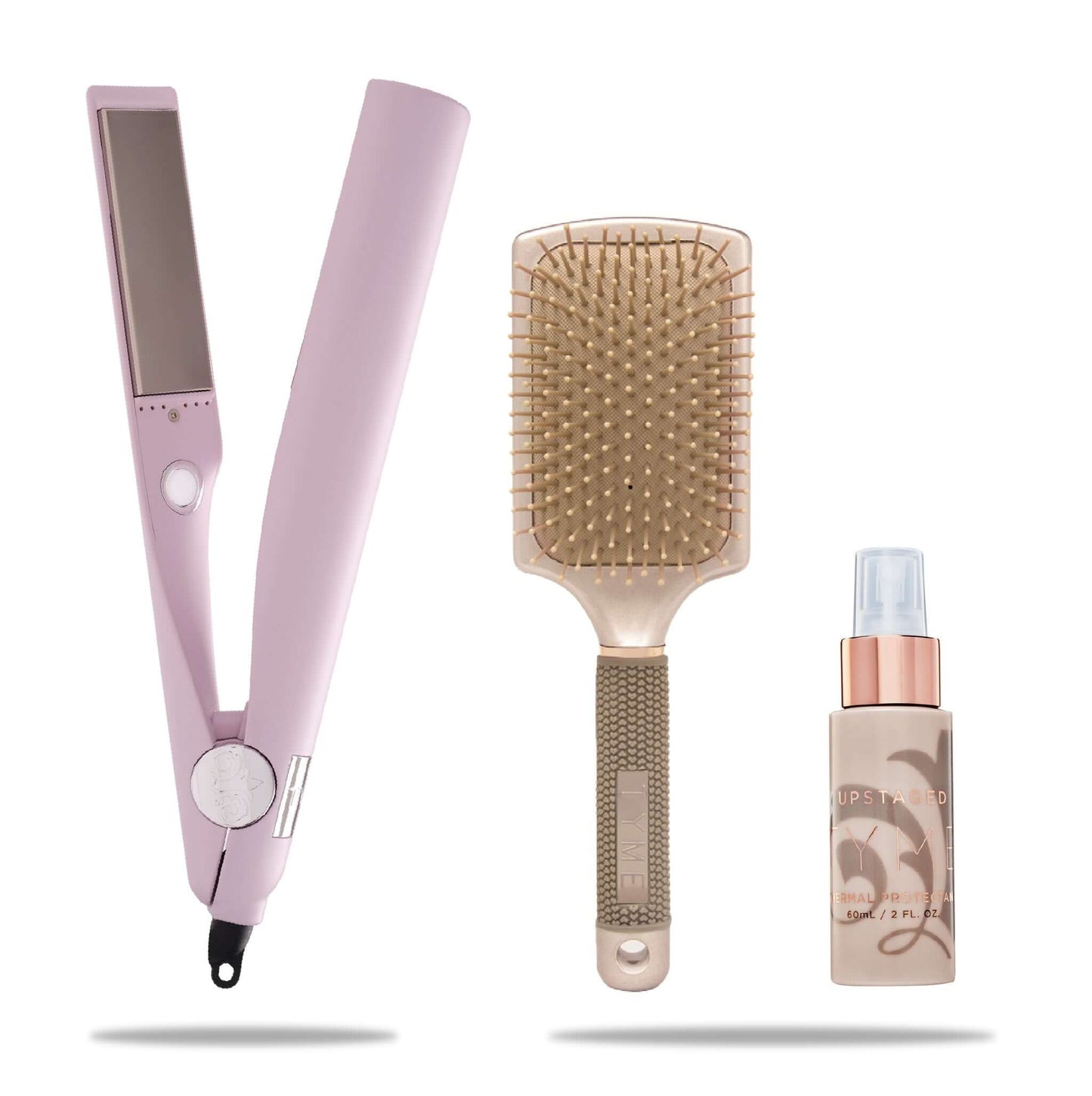 tyme iron pro all in one iron in rose gold with professional hair brush and travel upstaged thermal heat protectant spray in rose gold bottle