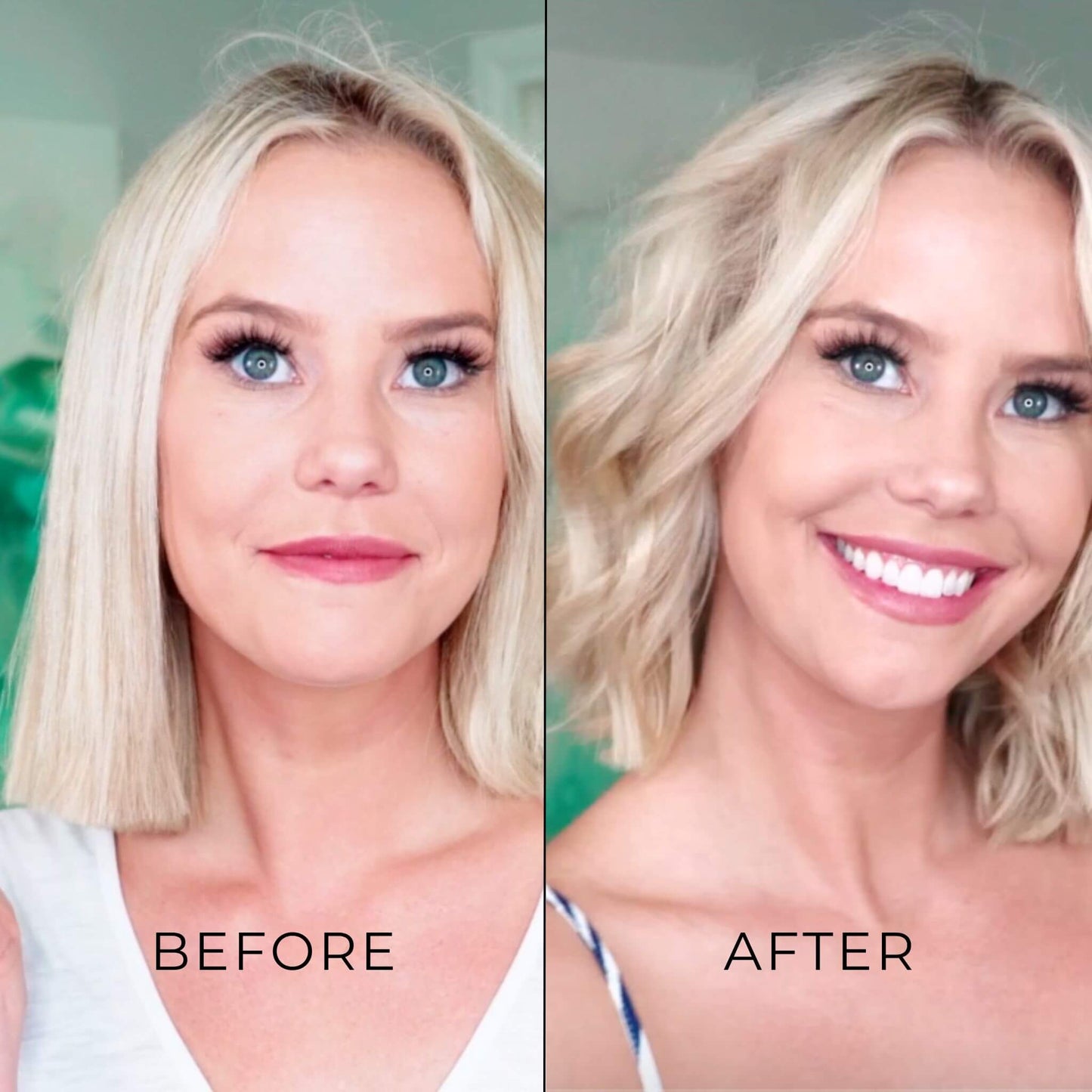 Before and after using TYME Iron Pro: Galaxy on woman with short hair.