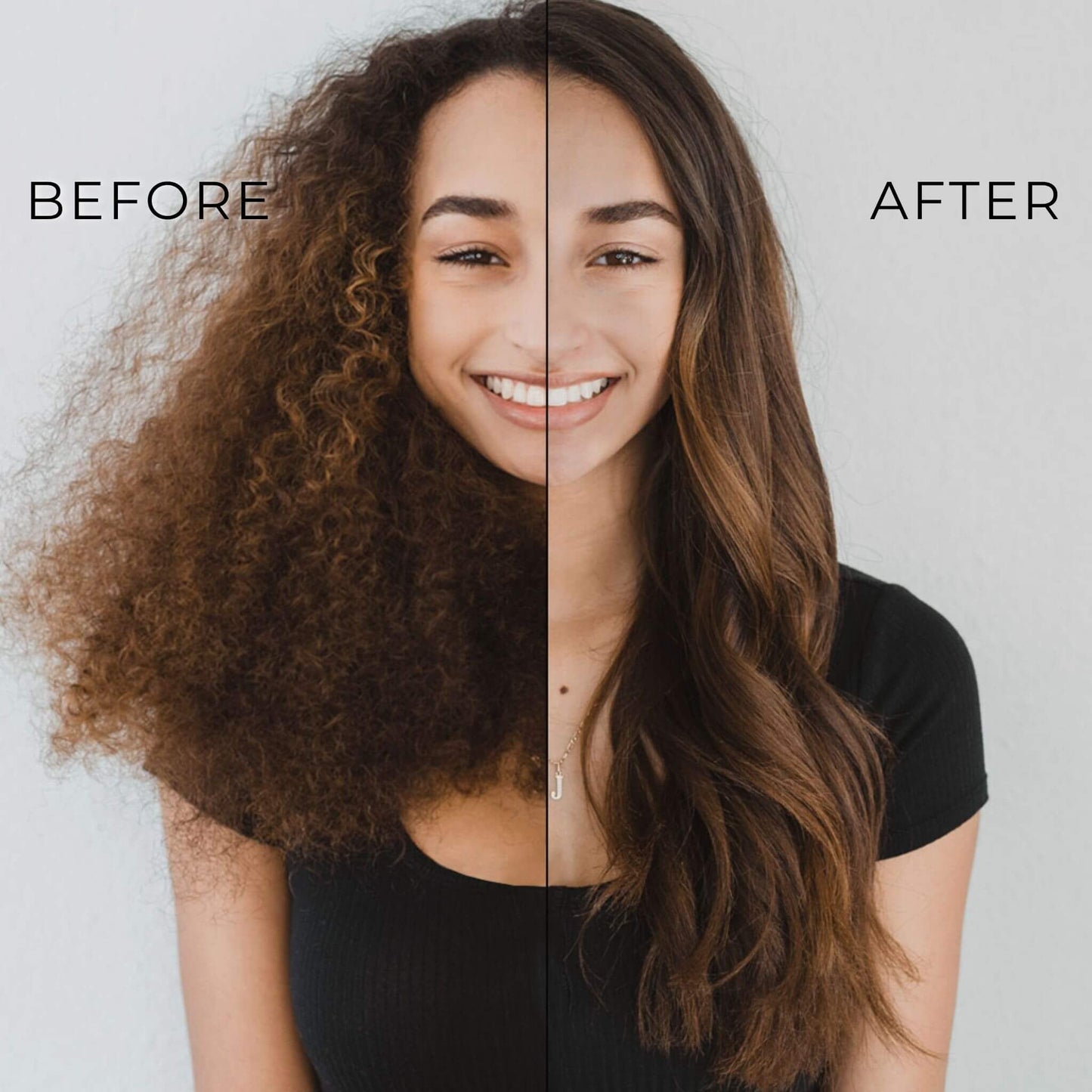 Before and after using TYME Iron Pro: Galaxy on woman with textured hair.