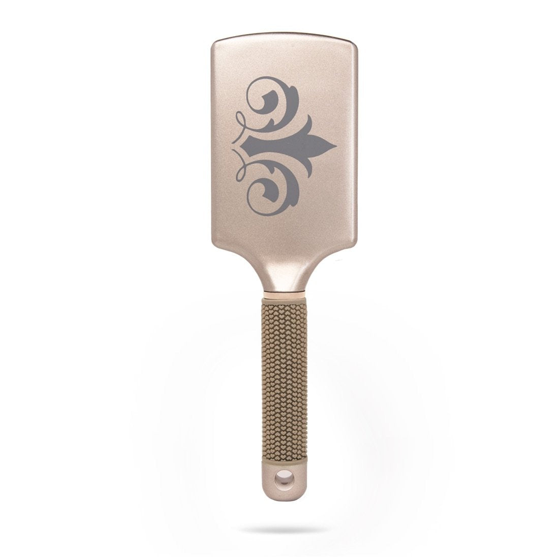 Back of TYME Paddle Hair Brush back view with fleur de lis logo on rectangle shaped brush head.