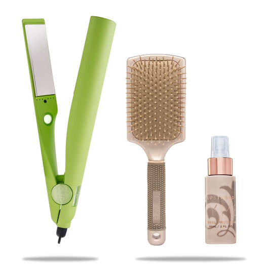 tyme iron pro all in one iron in limelight with professional hair brush and travel upstaged thermal heat protectant spray in rose gold bottle