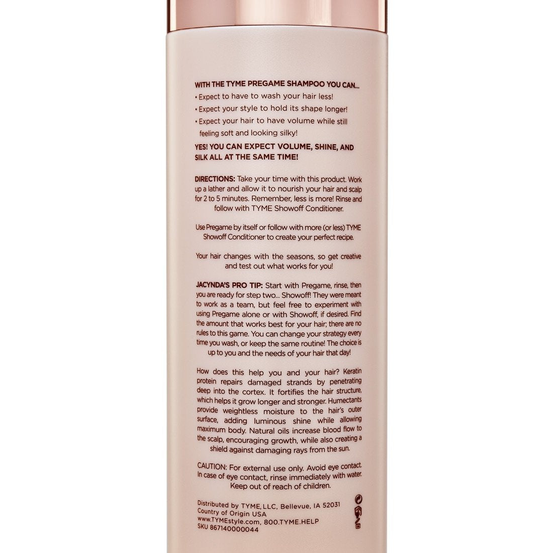 Back of TYME PREGAME Shampoo bottle with zoomed in product details and directions for use.