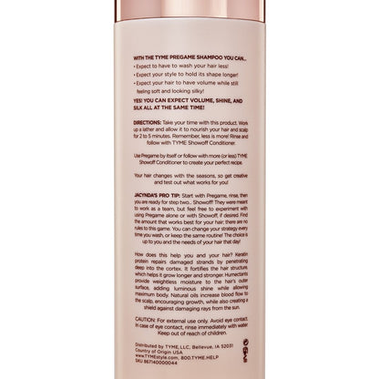 Back of TYME PREGAME Shampoo bottle with zoomed in product details and directions for use.