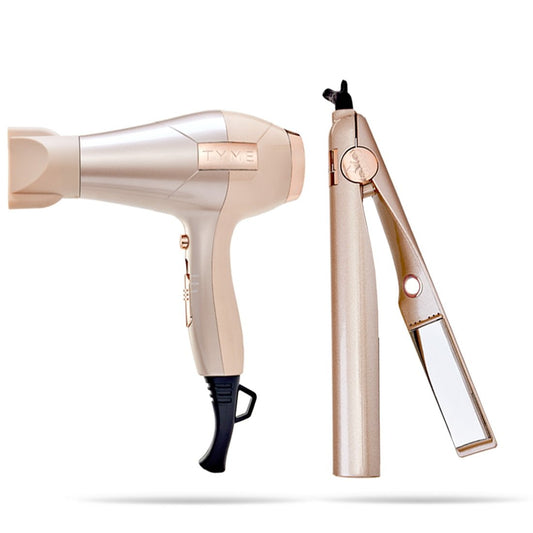 TYME BlowTYME Hair Dryer with concentrator attachment and the TYME Iron Pro Curling and Straightening tool.