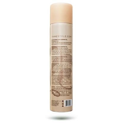 Back of TYME SELFIETYME Hairspray aerosol canister with product description.
