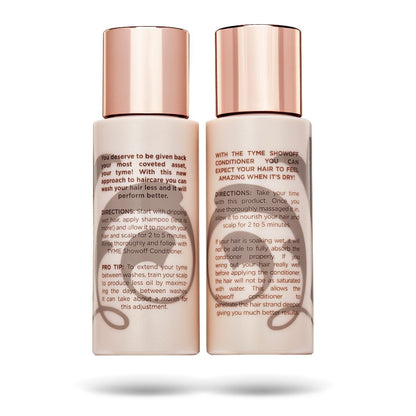 Travel size 2 oz TYME Pregame Shampoo and Showoff Conditioner back view