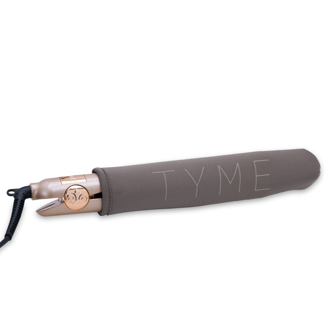 The TYME Iron Pro inside of it's dark taupe fabric Heat Sleeve that's included with purchase for safety, storage and travel.
