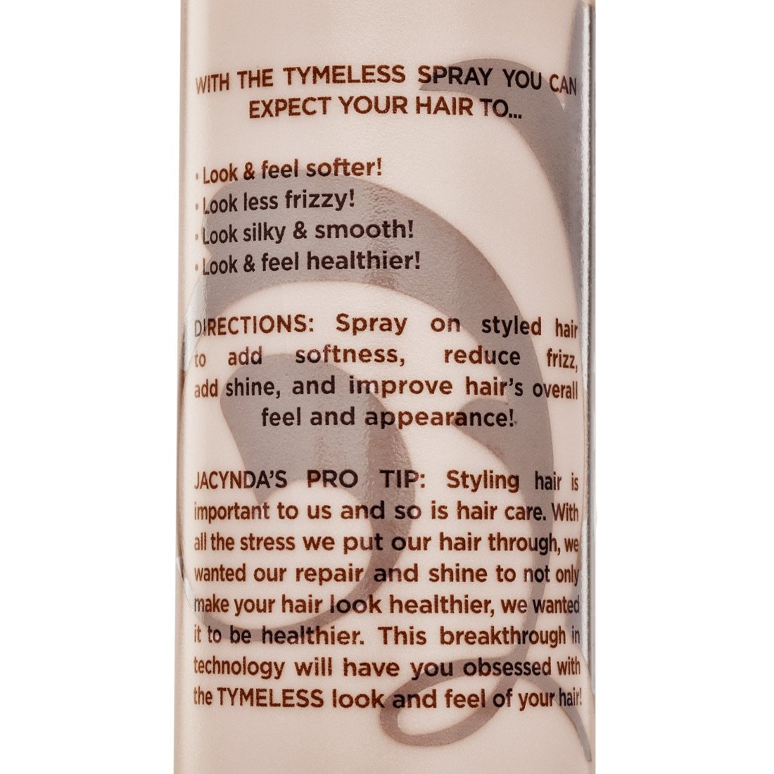 Zoomed in view of TYME TYMELESS Repair and Shine spray showing product details.