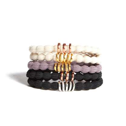 bracelet ponytail holder hair ties for functional beauty in muted purple black and cream tear free damage free hair ties