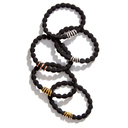 five black hair band bubble stretchy ties with bracelet worth design and pain free hold