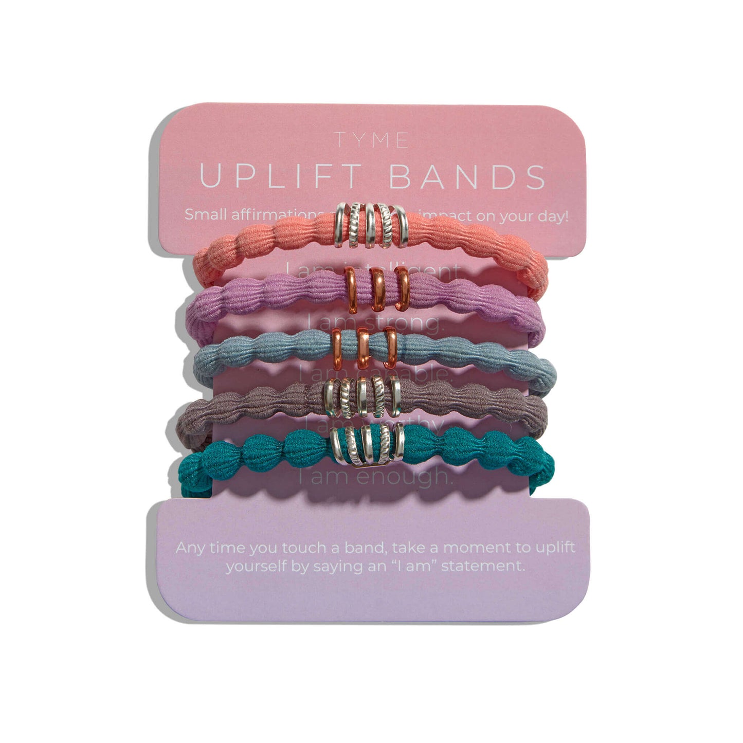 five uplift affirmation bubble hair tie holders and bracelets
