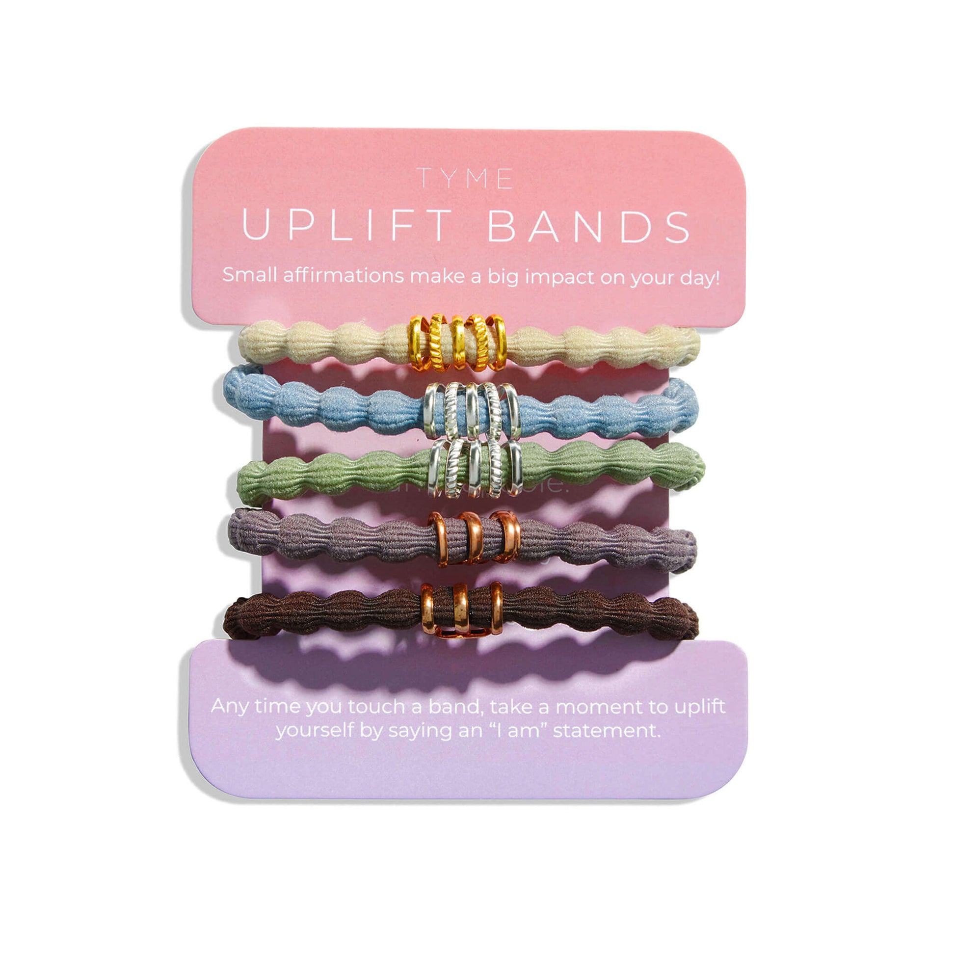 five uplift bands and pain free hair ties in muted earth tones