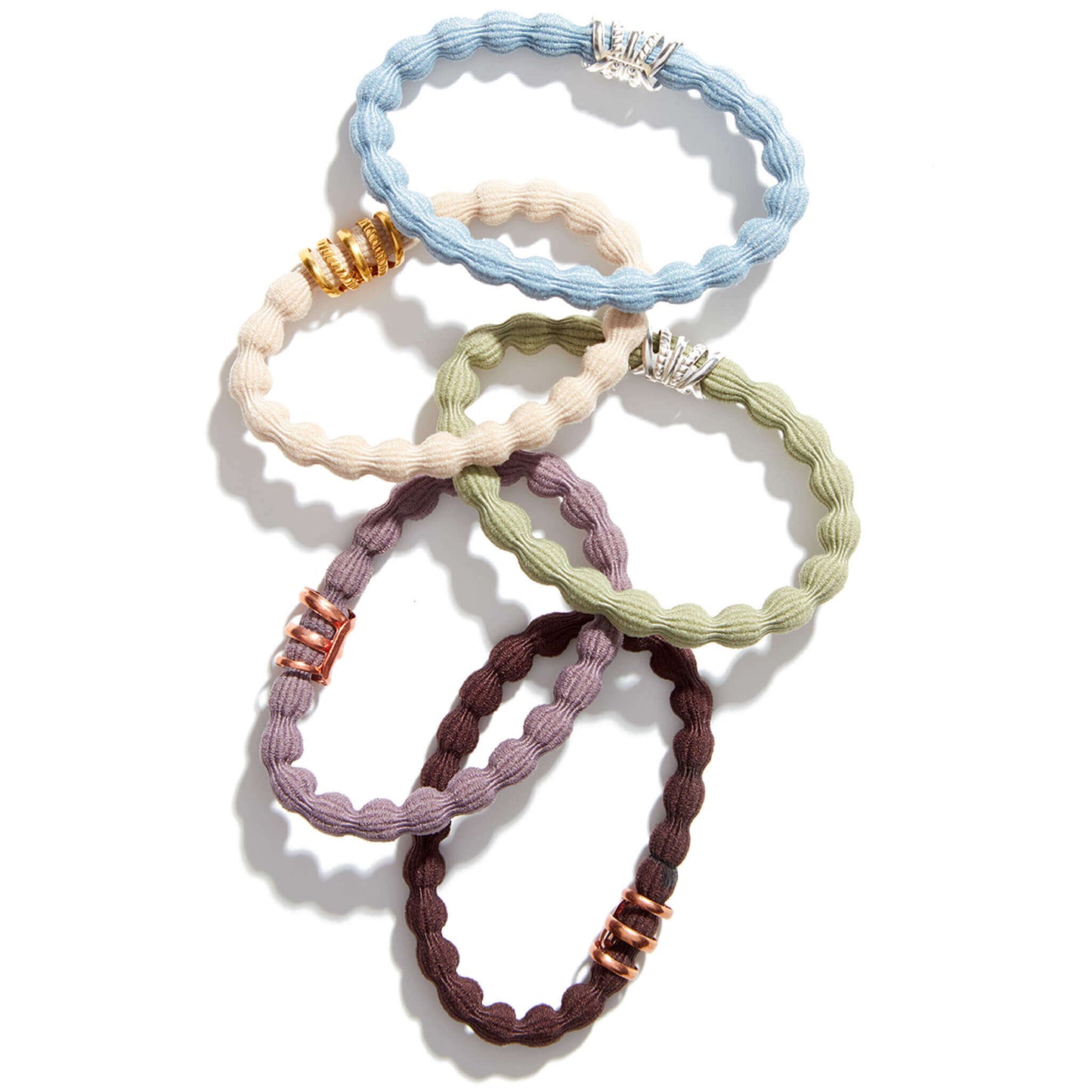 muted blue, cream, sage, purple, and brown uplift affirmation bands and bubbled tug free twisties