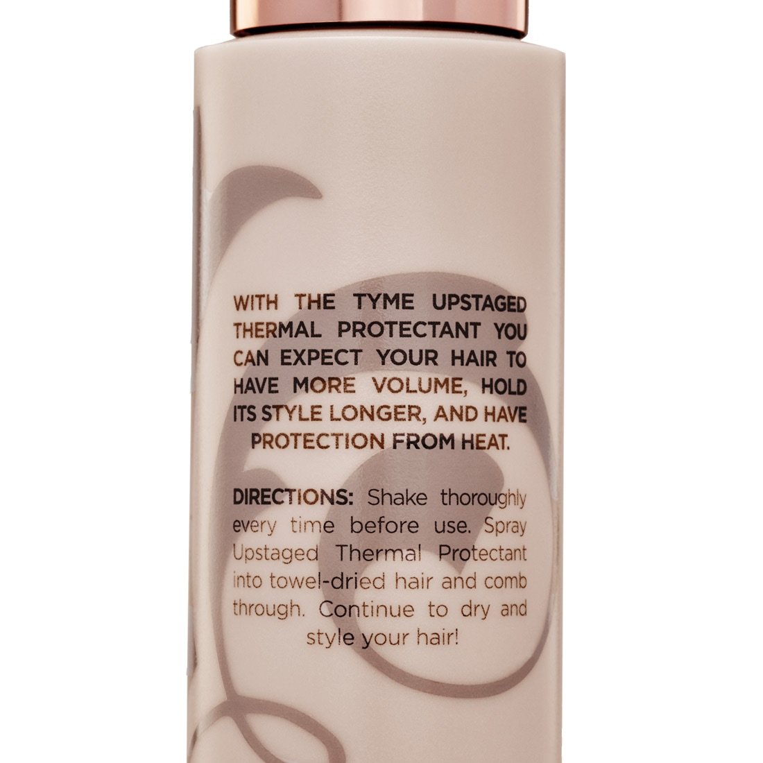 Zoomed in view of Travel size TYME Upstaged Thermal Protectant with product details.