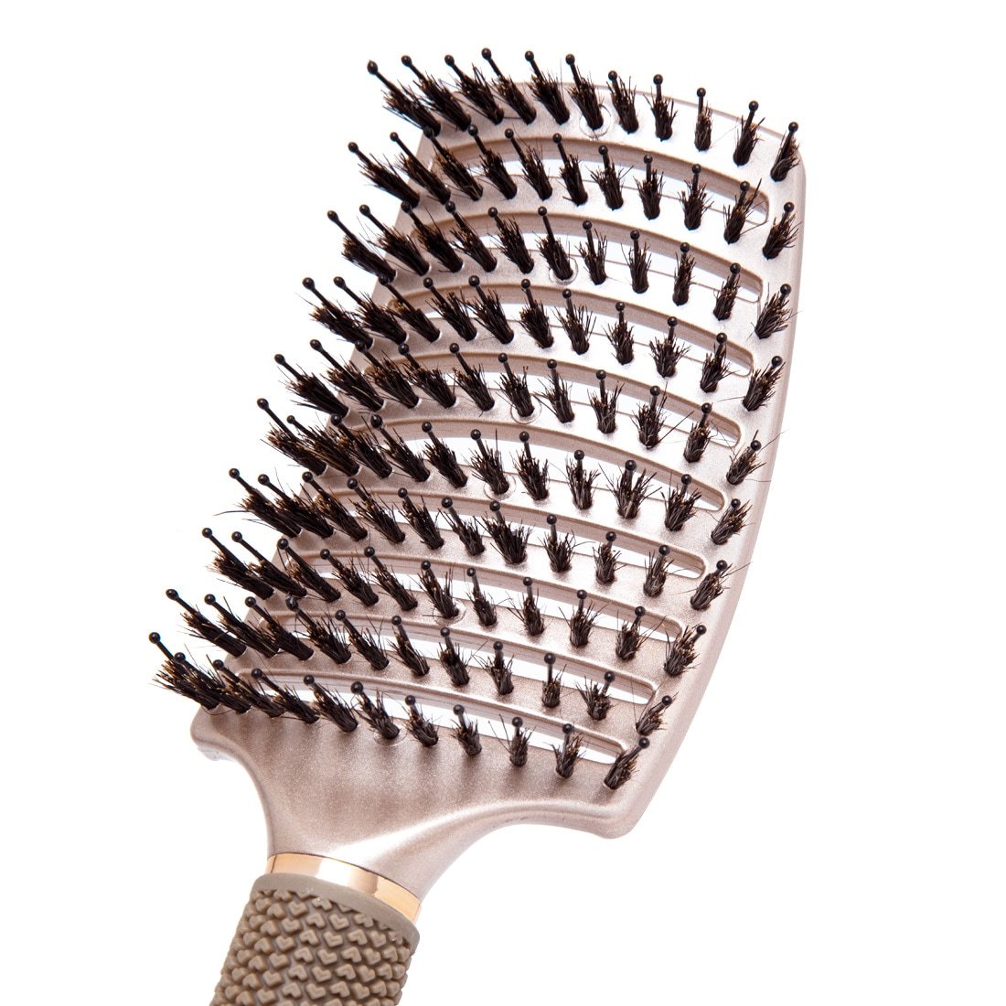 Zoomed in view of boar and nylon bristles on the curved head of the TYME Vented Detangler Brush.